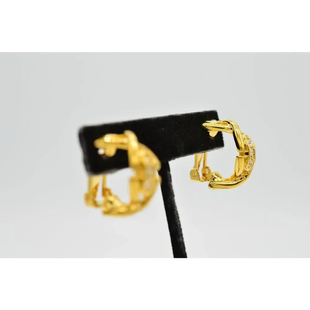 Vintage Crystal Clip On Earrings Gold Dangle X Rhinestone Chunky NOS 1980s 9L